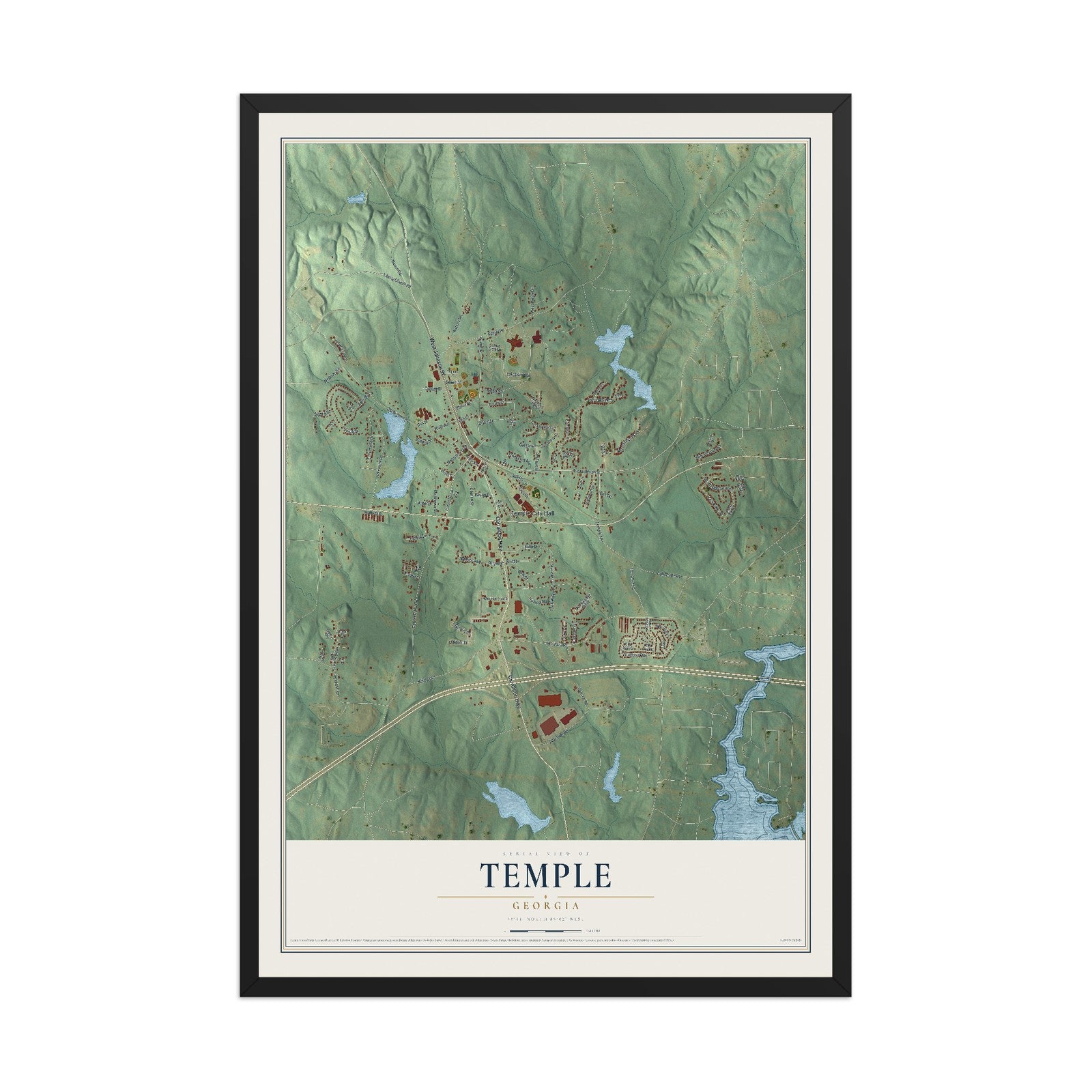 Temple, Georgia map print, 12" x 18" W/ Black Ayous Wood Frame mockup