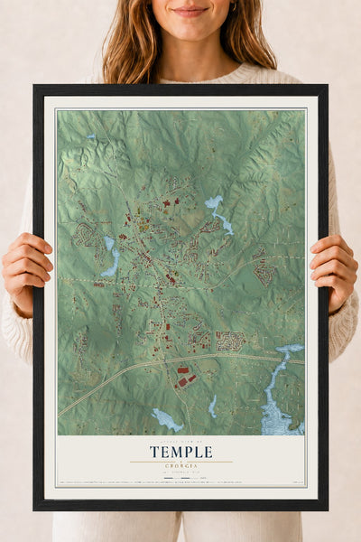 Temple, Georgia map print, 18" x 24" W/ Black Ayous Wood Frame mockup