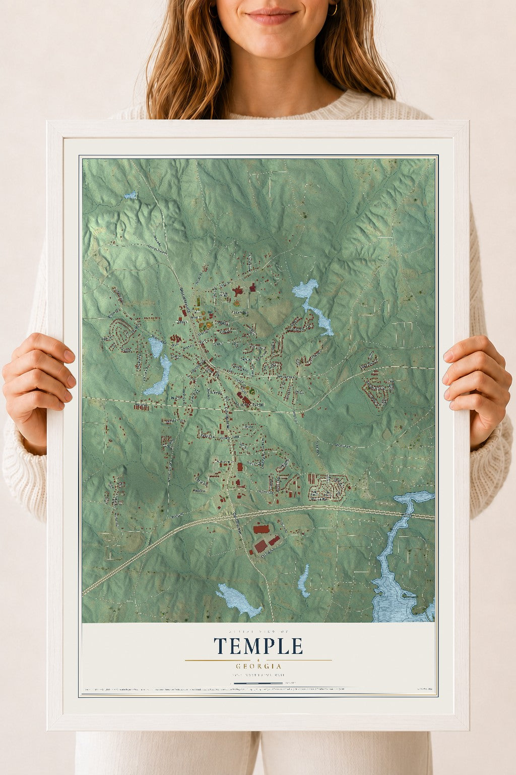 Temple, Georgia map print, 18" x 24" W/ White Ayous Wood Frame mockup