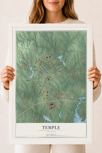 Temple, Georgia map print, 18" x 24" W/ White Ayous Wood Frame mockup