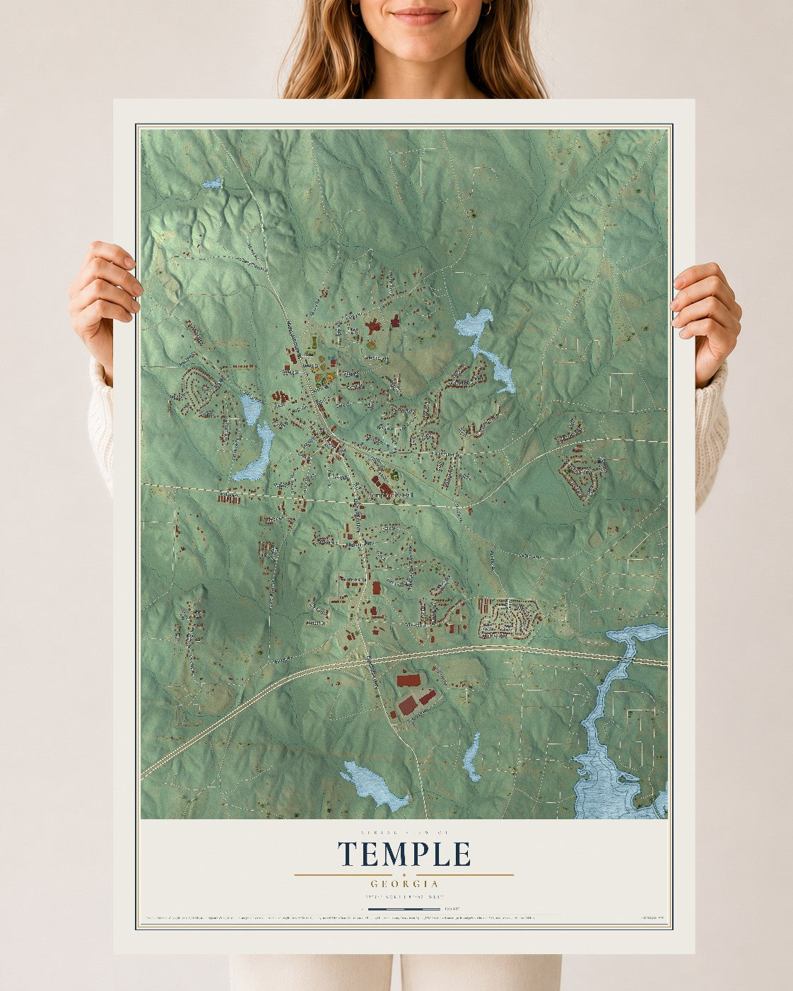 Temple, Georgia map print, 24" x 36" Archival Matte Print mockup