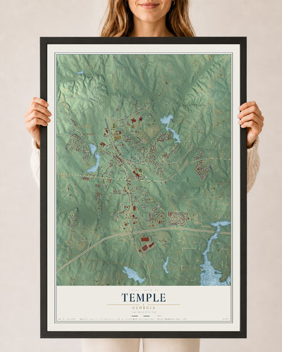 Temple, Georgia map print, 24" x 36" W/ Black Ayous Wood Frame mockup