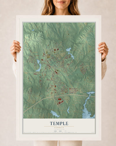 Temple, Georgia map print, 24" x 36" W/ White Ayous Wood Frame mockup