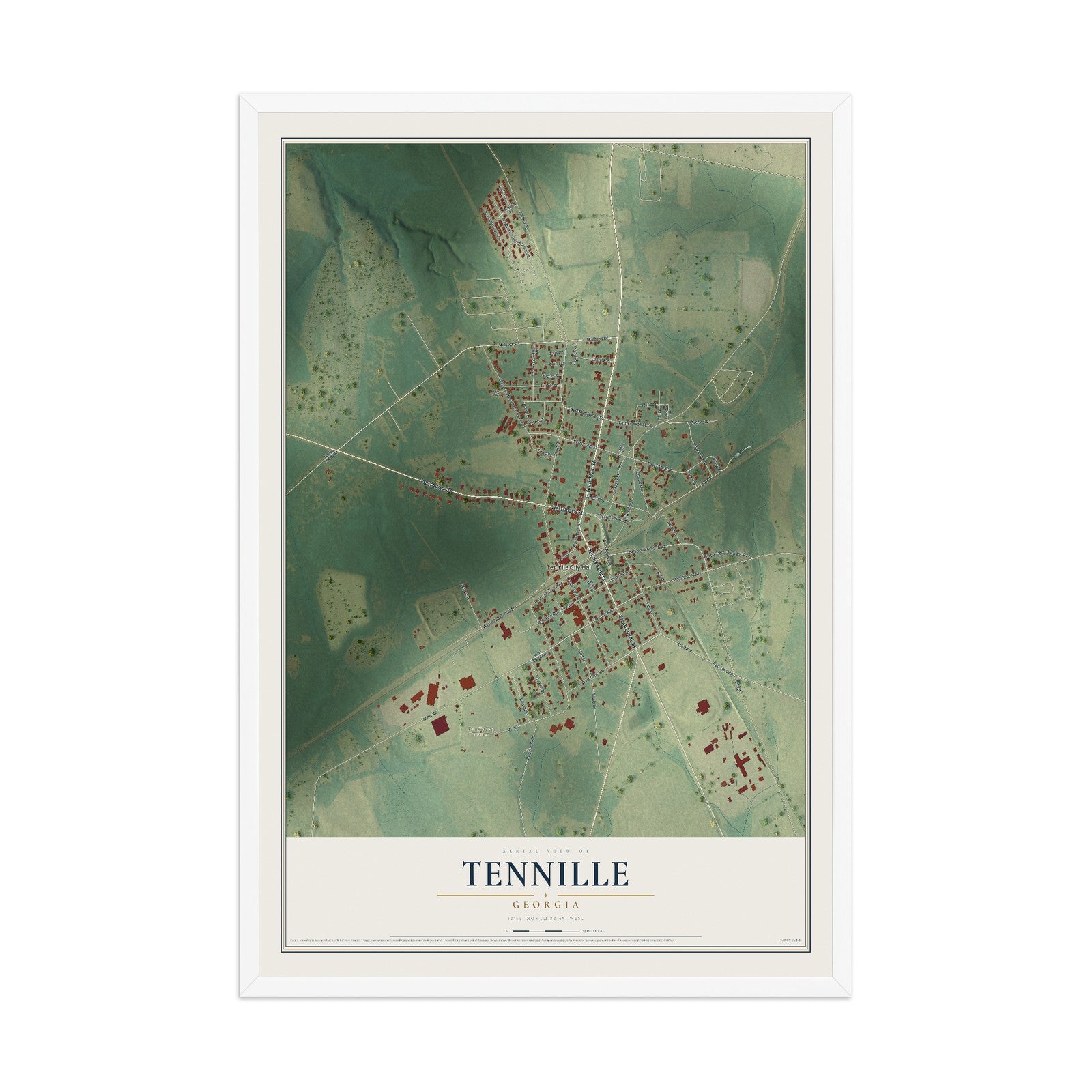 Tennille, Georgia map print, 12" x 18" W/ White Ayous Wood Frame mockup