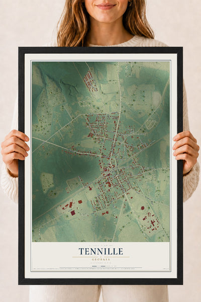 Tennille, Georgia map print, 18" x 24" W/ Black Ayous Wood Frame mockup
