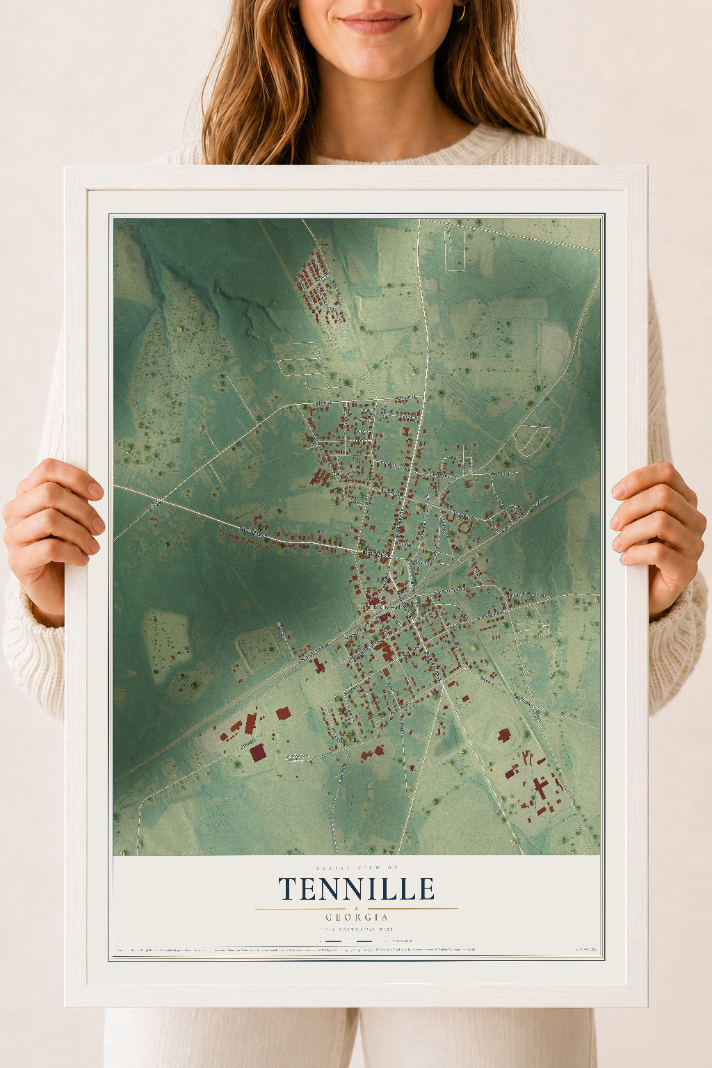 Tennille, Georgia map print, 18" x 24" W/ White Ayous Wood Frame mockup
