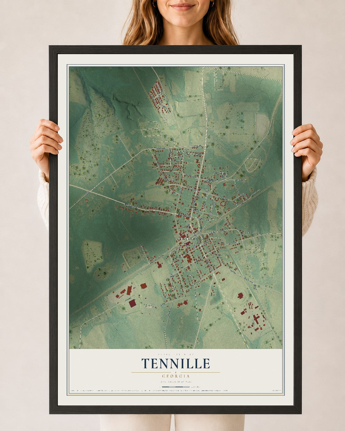 Tennille, Georgia map print, 24" x 36" W/ Black Ayous Wood Frame mockup