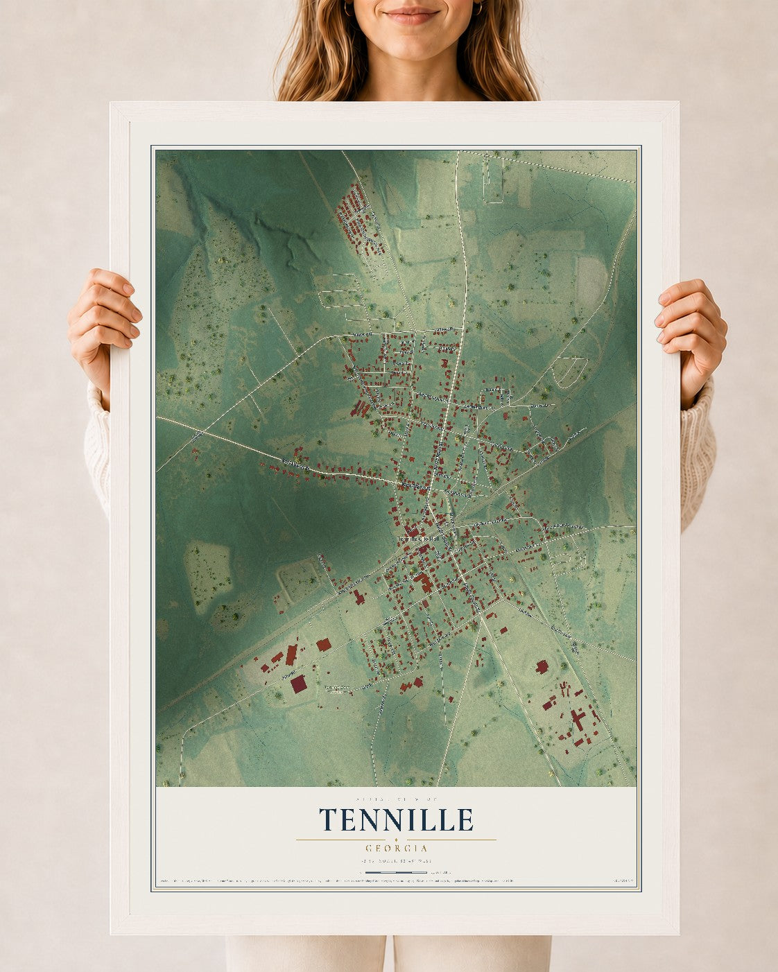 Tennille, Georgia map print, 24" x 36" W/ White Ayous Wood Frame mockup