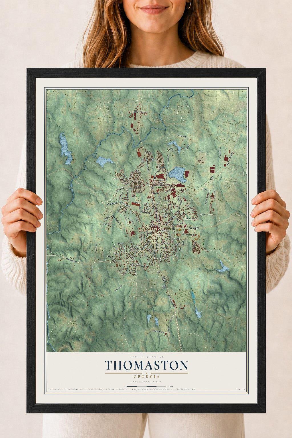 Thomaston, Georgia map print, 18" x 24" W/ Black Ayous Wood Frame mockup