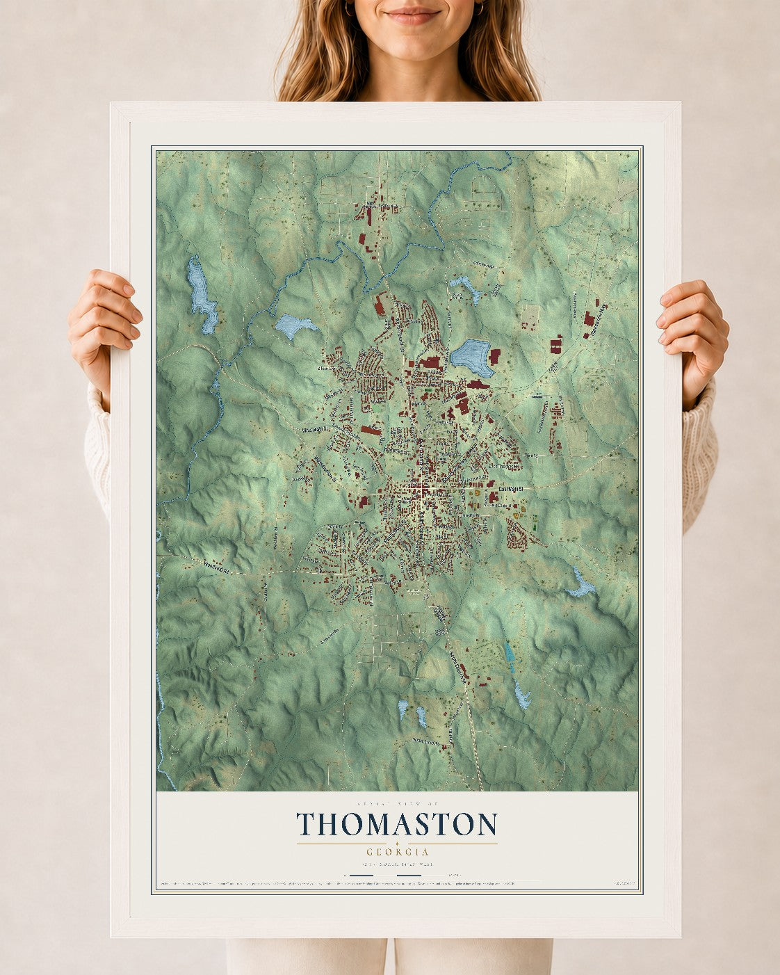 Thomaston, Georgia map print, 24" x 36" W/ White Ayous Wood Frame mockup