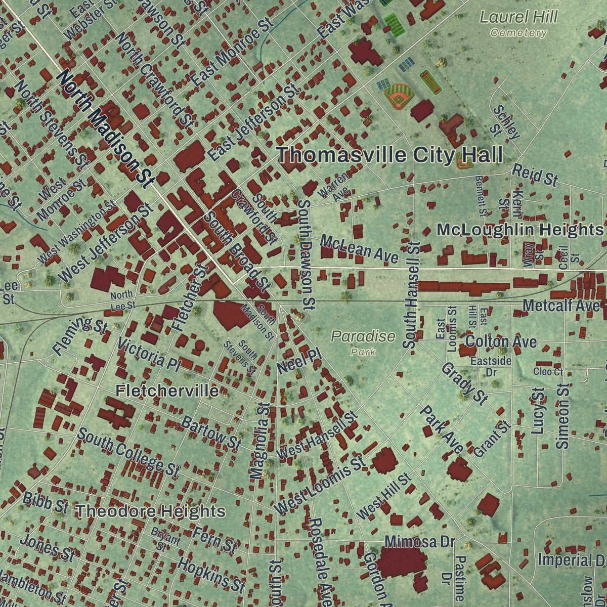 Close-up 1 of the Thomasville, Georgia map artwork