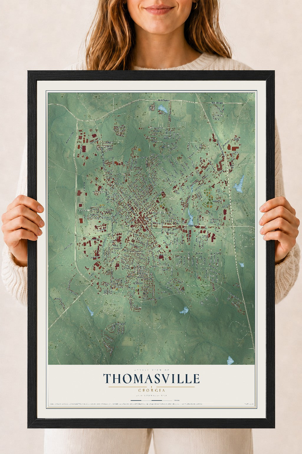 Thomasville, Georgia map print, 18" x 24" W/ Black Ayous Wood Frame mockup