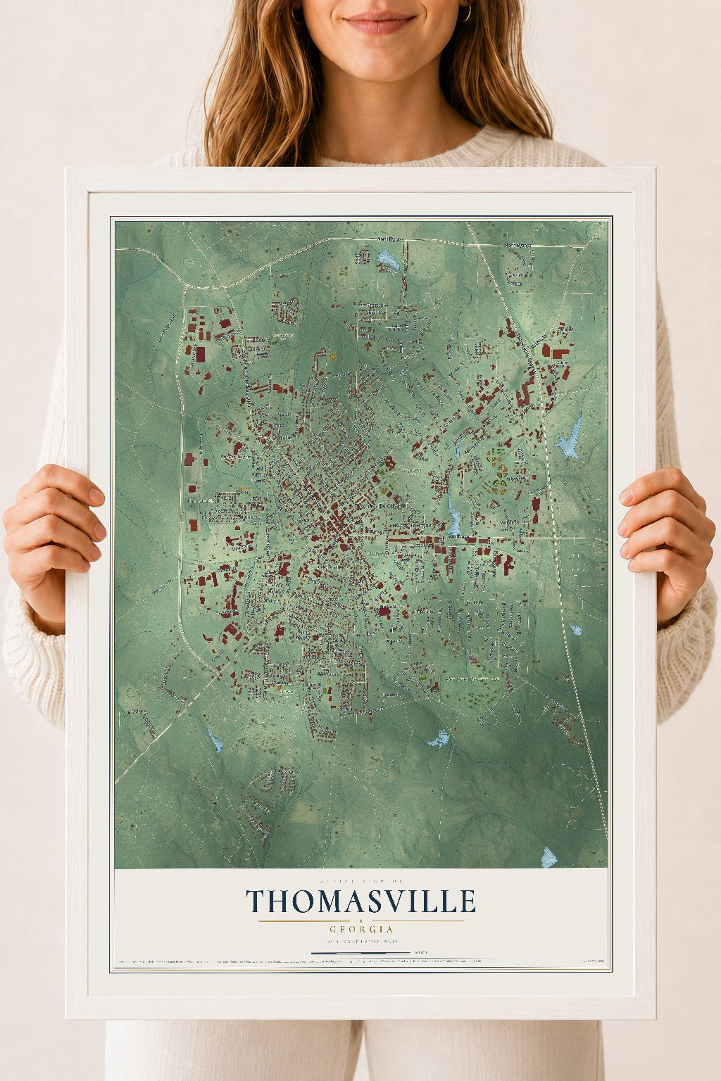 Thomasville, Georgia map print, 18" x 24" W/ White Ayous Wood Frame mockup