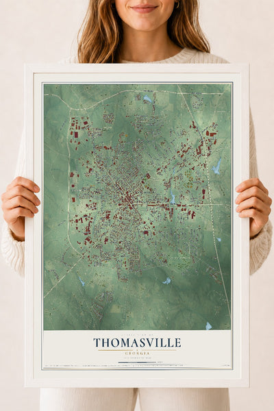 Thomasville, Georgia map print, 18" x 24" W/ White Ayous Wood Frame mockup