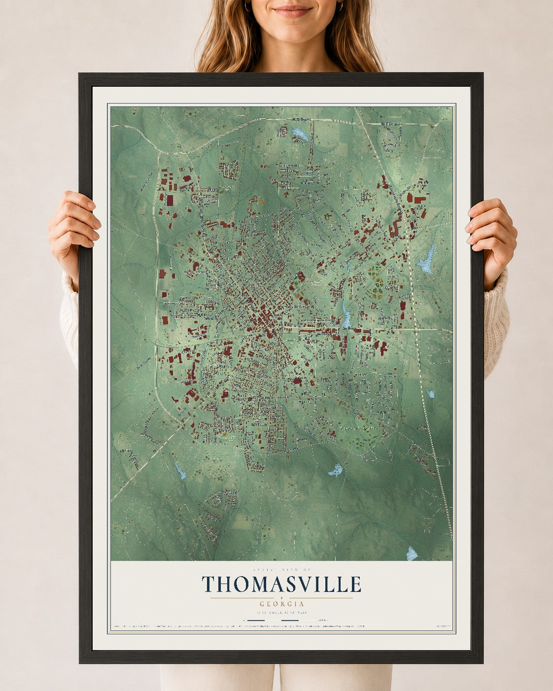 Thomasville, Georgia map print, 24" x 36" W/ Black Ayous Wood Frame mockup
