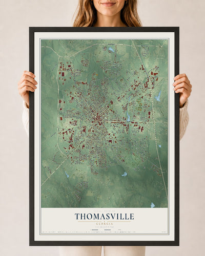 Thomasville, Georgia map print, 24" x 36" W/ Black Ayous Wood Frame mockup