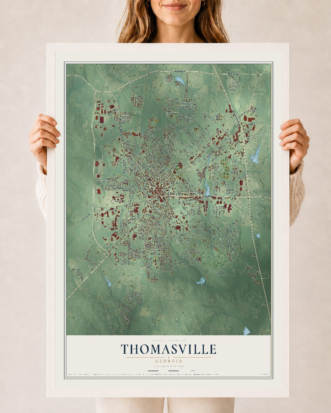 Thomasville, Georgia map print, 24" x 36" W/ White Ayous Wood Frame mockup