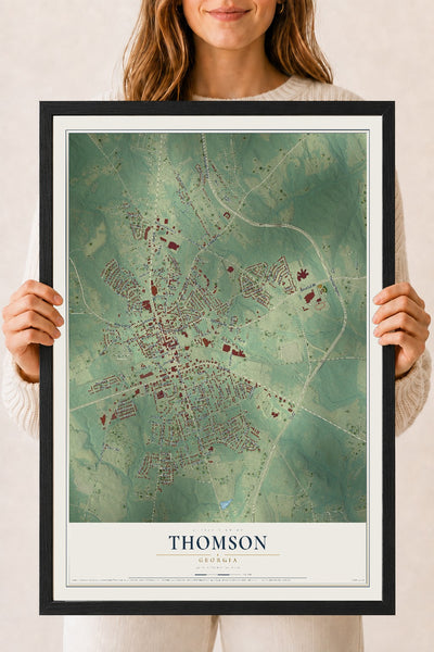 Thomson, Georgia map print, 18" x 24" W/ Black Ayous Wood Frame mockup