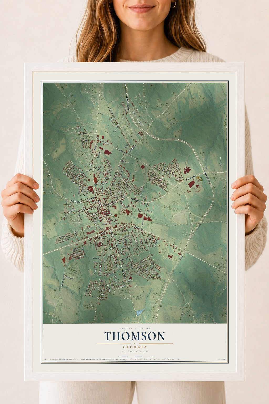 Thomson, Georgia map print, 18" x 24" W/ White Ayous Wood Frame mockup