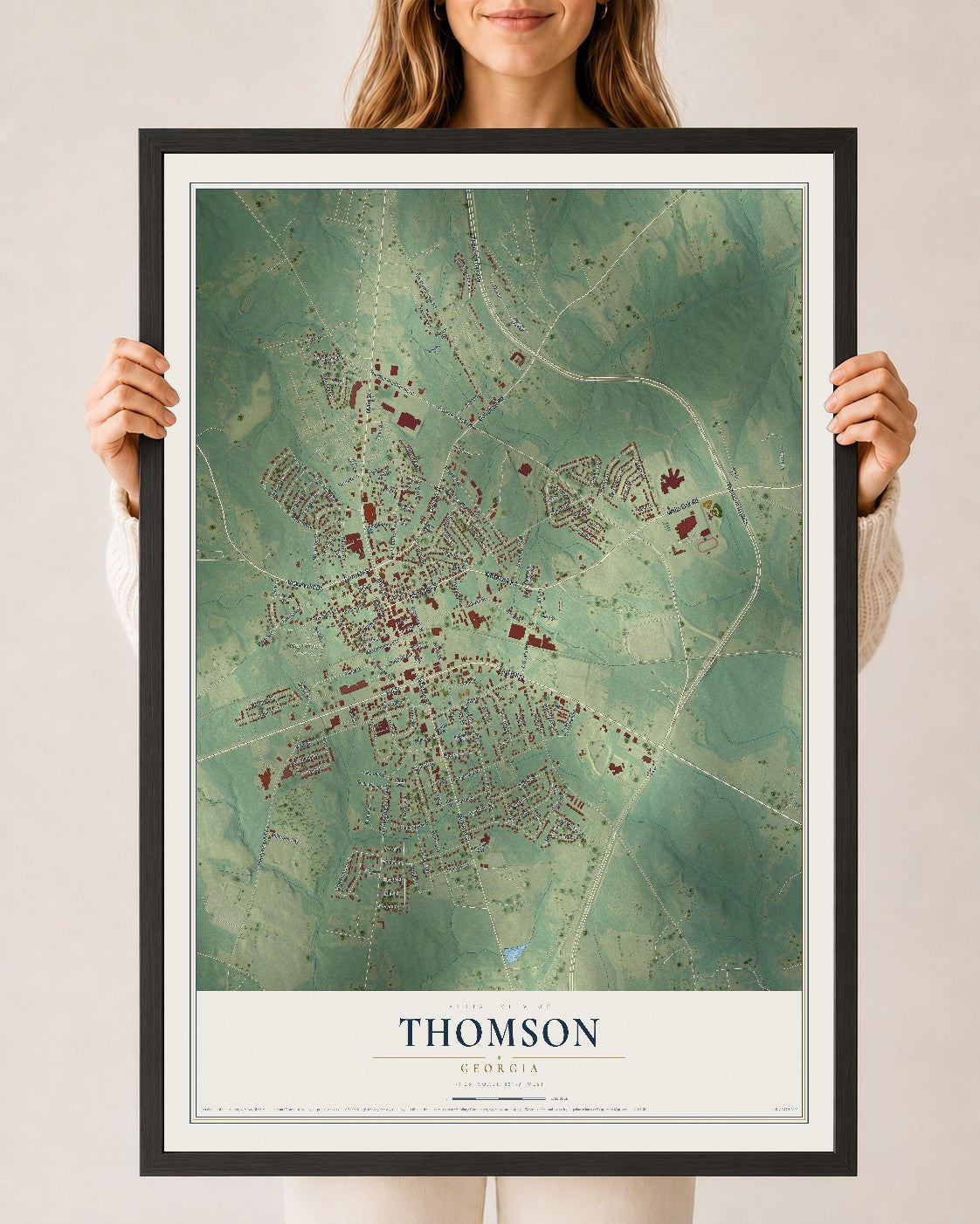 Thomson, Georgia map print, 24" x 36" W/ Black Ayous Wood Frame mockup