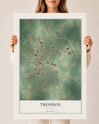 Thomson, Georgia map print, 24" x 36" W/ White Ayous Wood Frame mockup