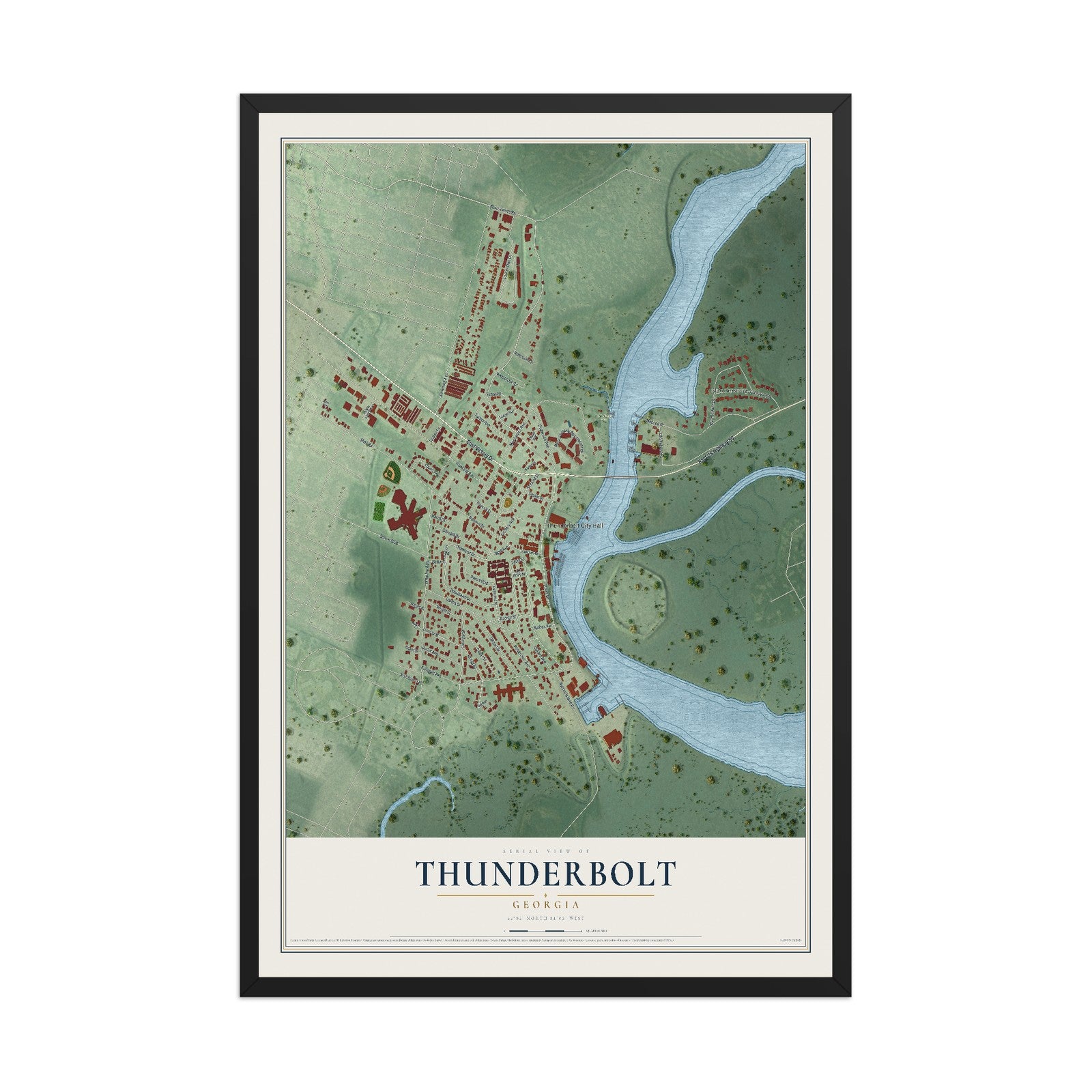 Thunderbolt, Georgia map print, 12" x 18" W/ Black Ayous Wood Frame mockup