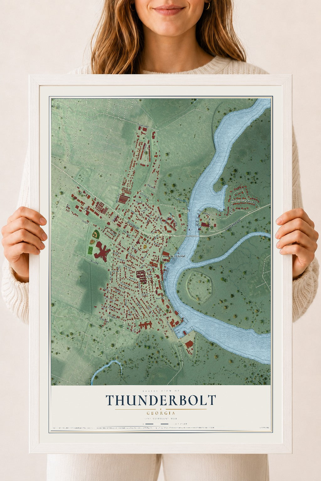 Thunderbolt, Georgia map print, 18" x 24" W/ White Ayous Wood Frame mockup