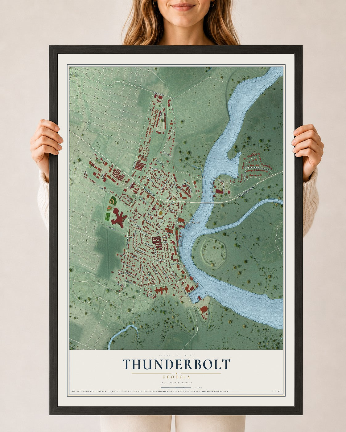 Thunderbolt, Georgia map print, 24" x 36" W/ Black Ayous Wood Frame mockup