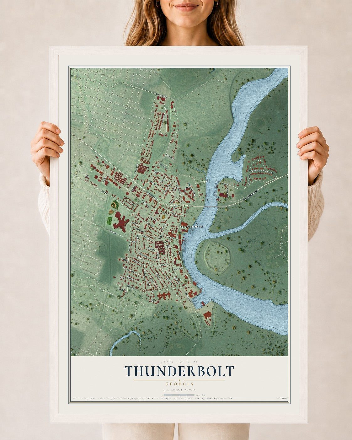Thunderbolt, Georgia map print, 24" x 36" W/ White Ayous Wood Frame mockup