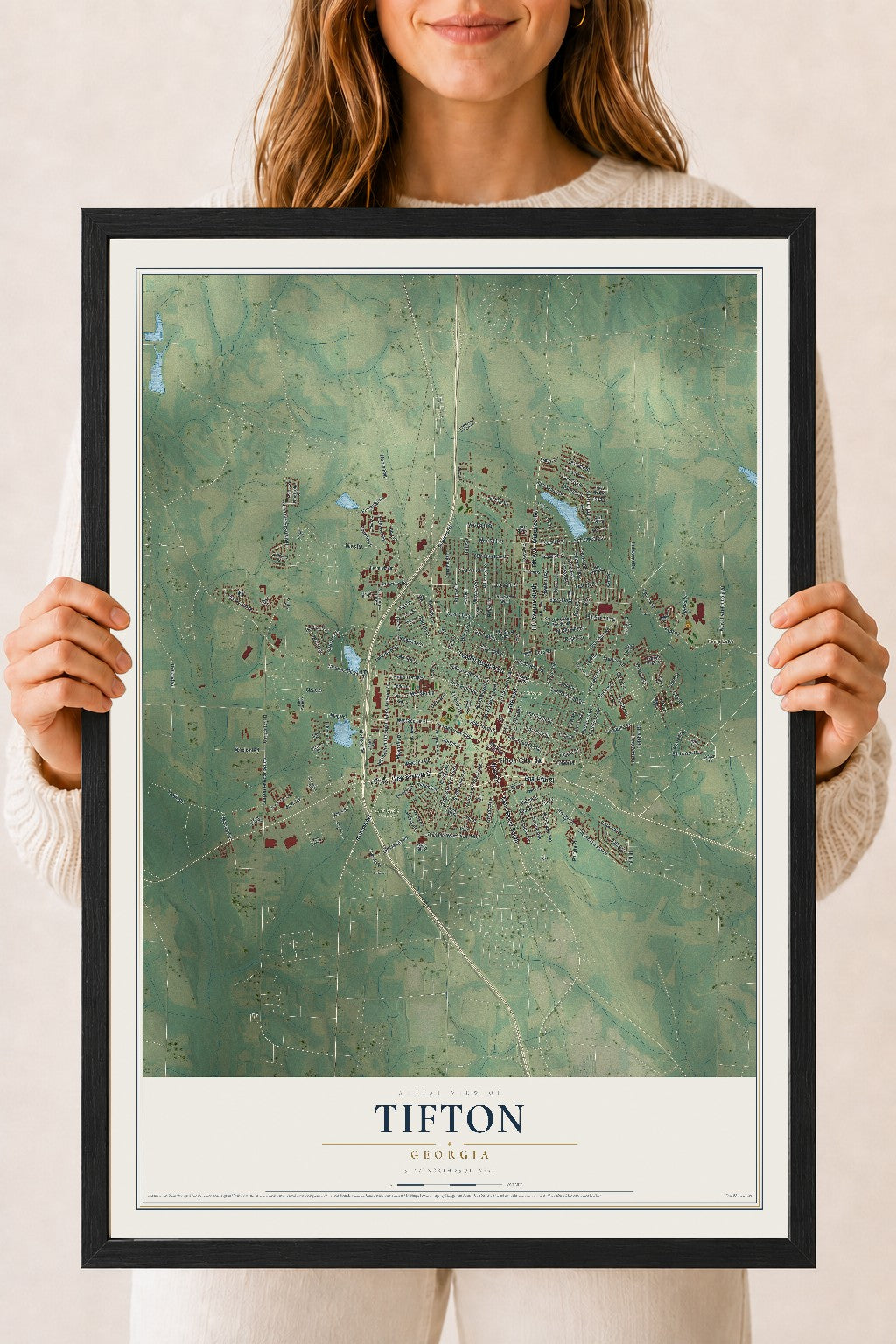 Tifton, Georgia map print, 18" x 24" W/ Black Ayous Wood Frame mockup
