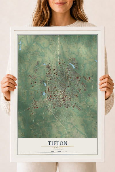 Tifton, Georgia map print, 18" x 24" W/ White Ayous Wood Frame mockup