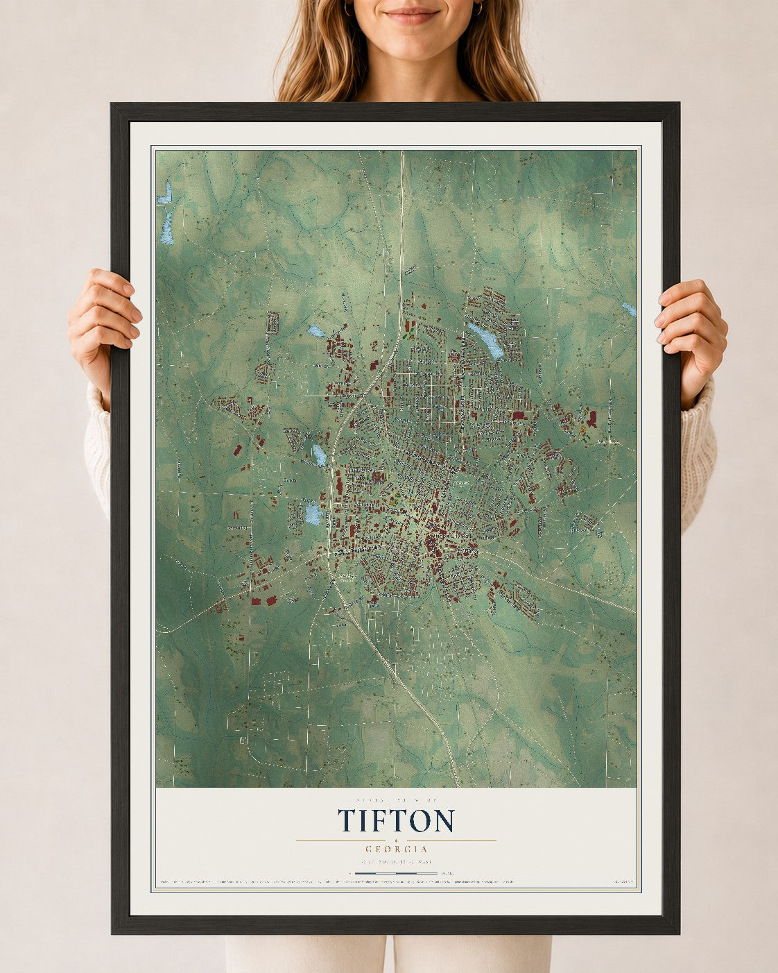 Tifton, Georgia map print, 24" x 36" W/ Black Ayous Wood Frame mockup