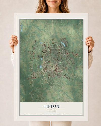 Tifton, Georgia map print, 24" x 36" W/ White Ayous Wood Frame mockup