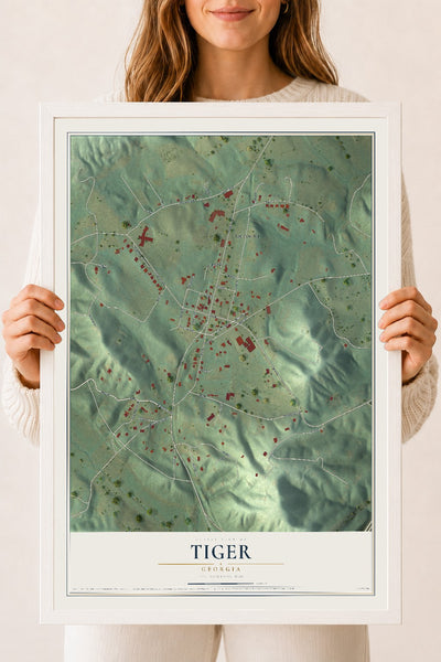 Tiger, Georgia map print, 18" x 24" W/ White Ayous Wood Frame mockup
