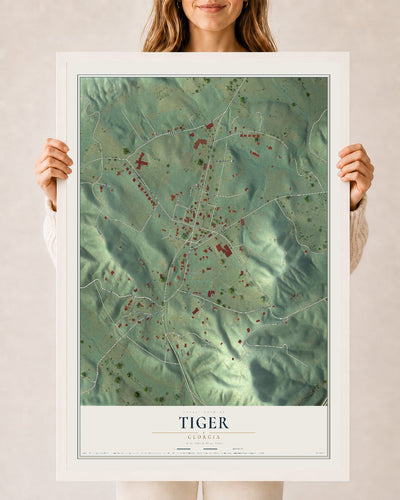 Tiger, Georgia map print, 24" x 36" W/ White Ayous Wood Frame mockup