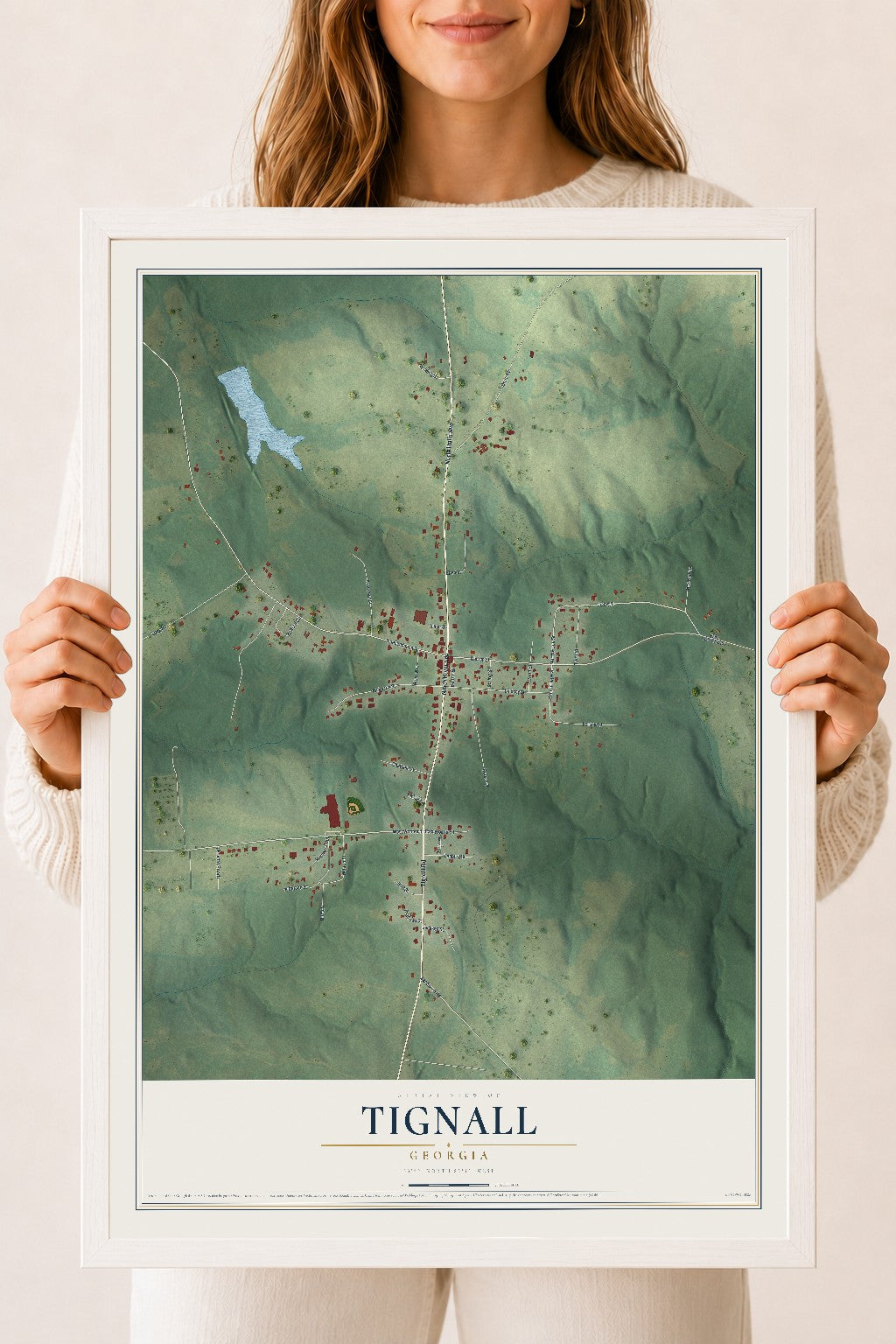 Tignall, Georgia map print, 18" x 24" W/ White Ayous Wood Frame mockup