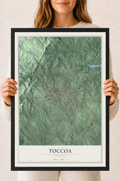 Toccoa, Georgia map print, 18" x 24" W/ Black Ayous Wood Frame mockup