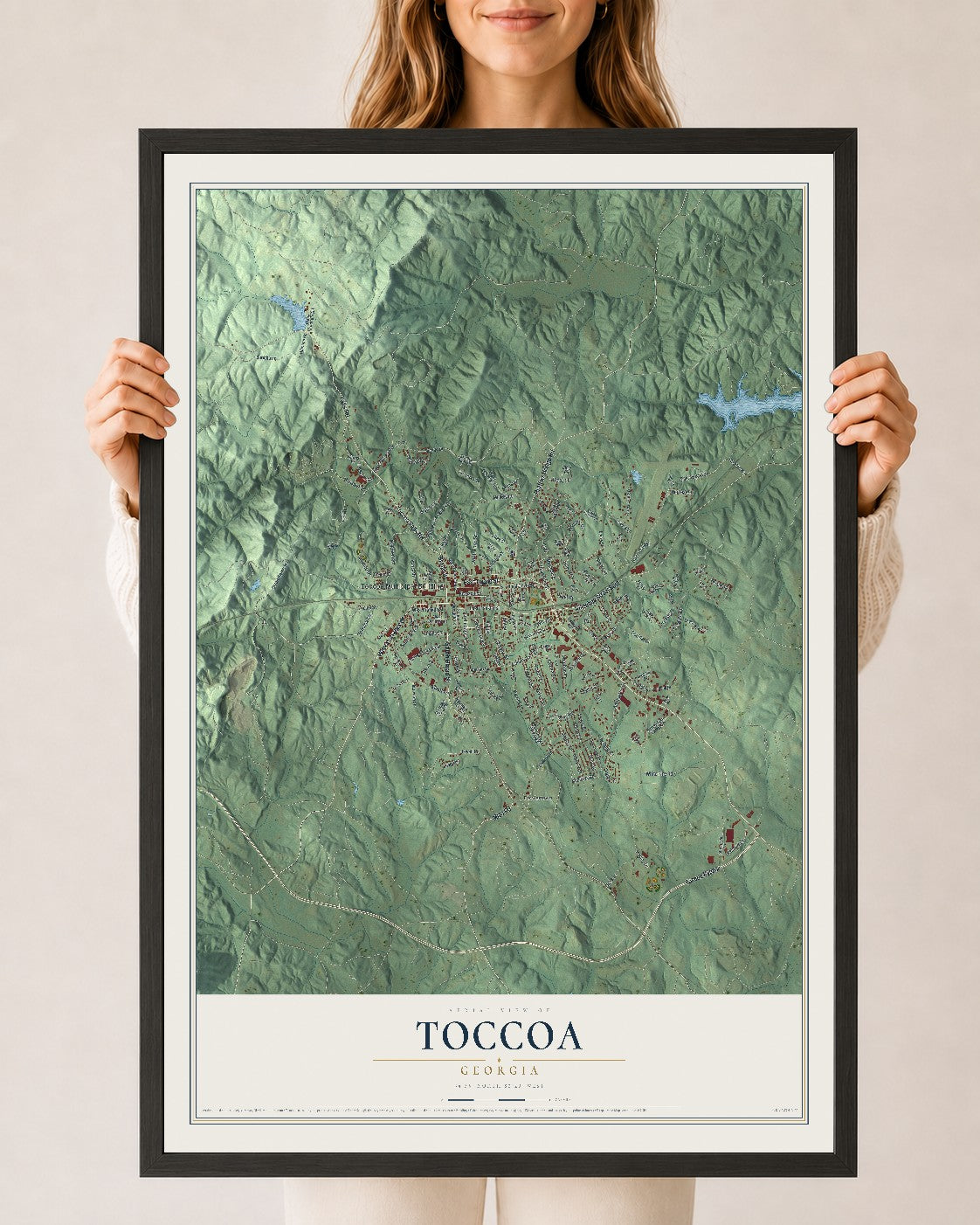 Toccoa, Georgia map print, 24" x 36" W/ Black Ayous Wood Frame mockup