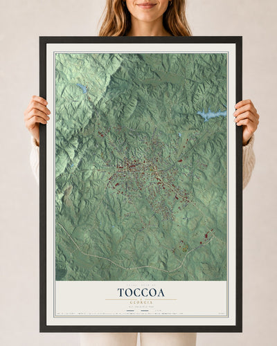 Toccoa, Georgia map print, 24" x 36" W/ Black Ayous Wood Frame mockup