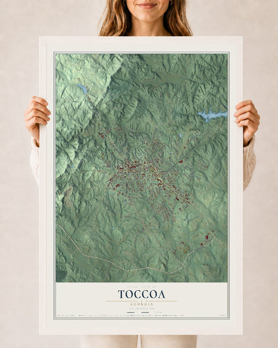Toccoa, Georgia map print, 24" x 36" W/ White Ayous Wood Frame mockup