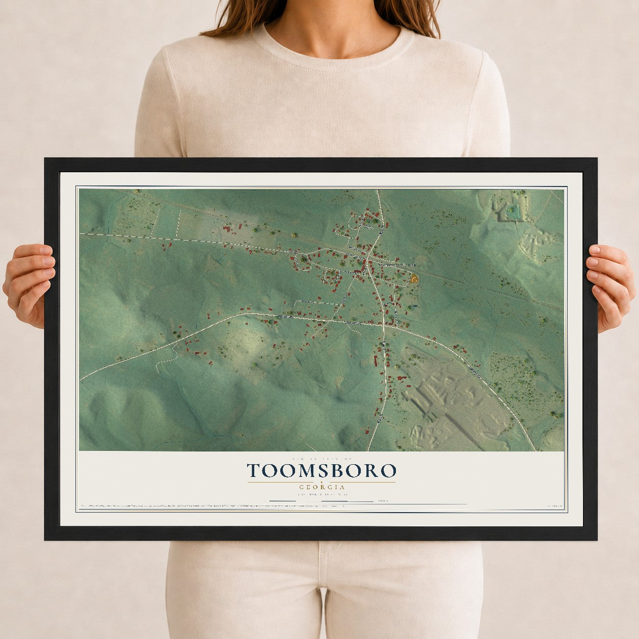 Toomsboro, Georgia map print, 12" x 18" W/ Black Ayous Wood Frame mockup