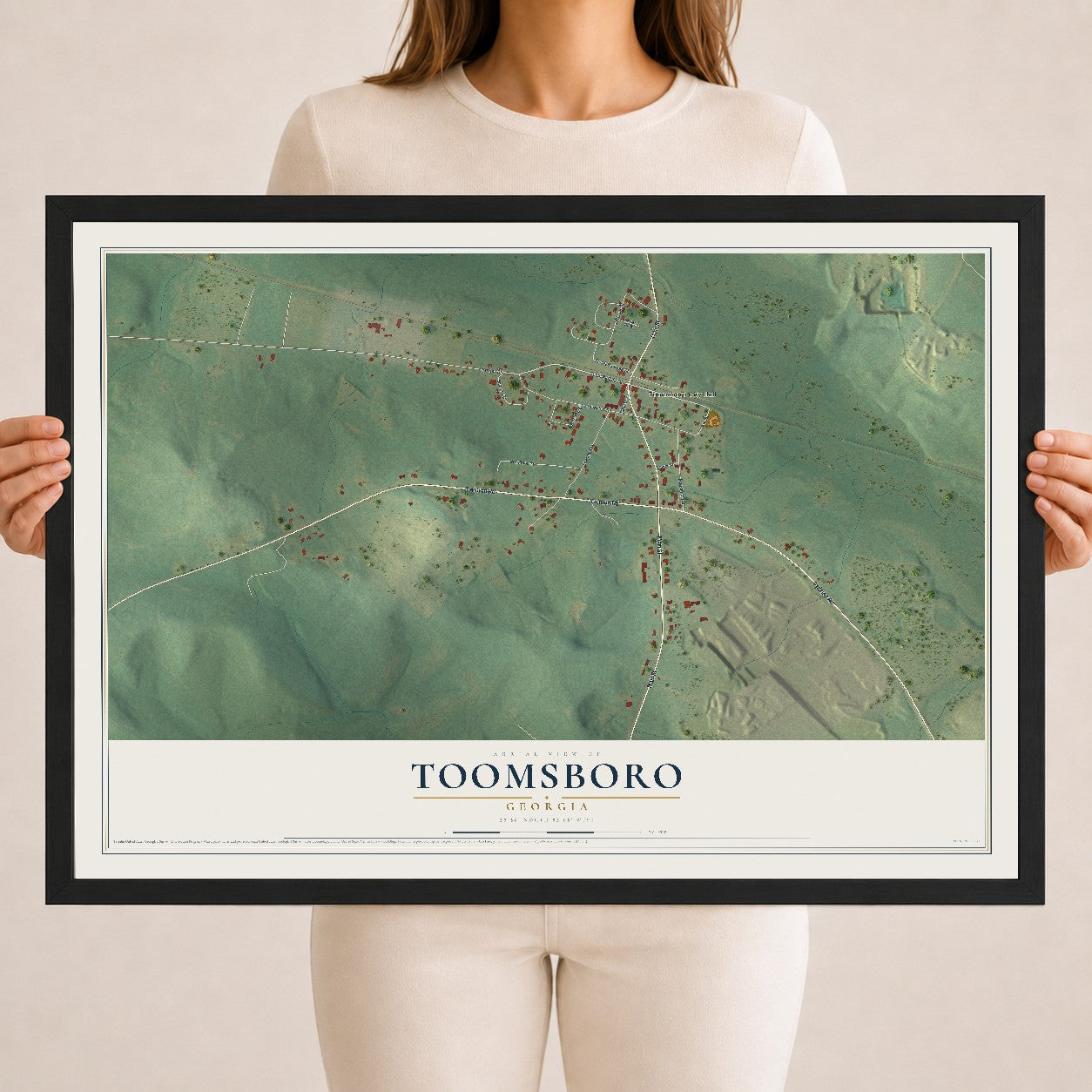 Toomsboro, Georgia map print, 18" x 24" W/ Black Ayous Wood Frame mockup