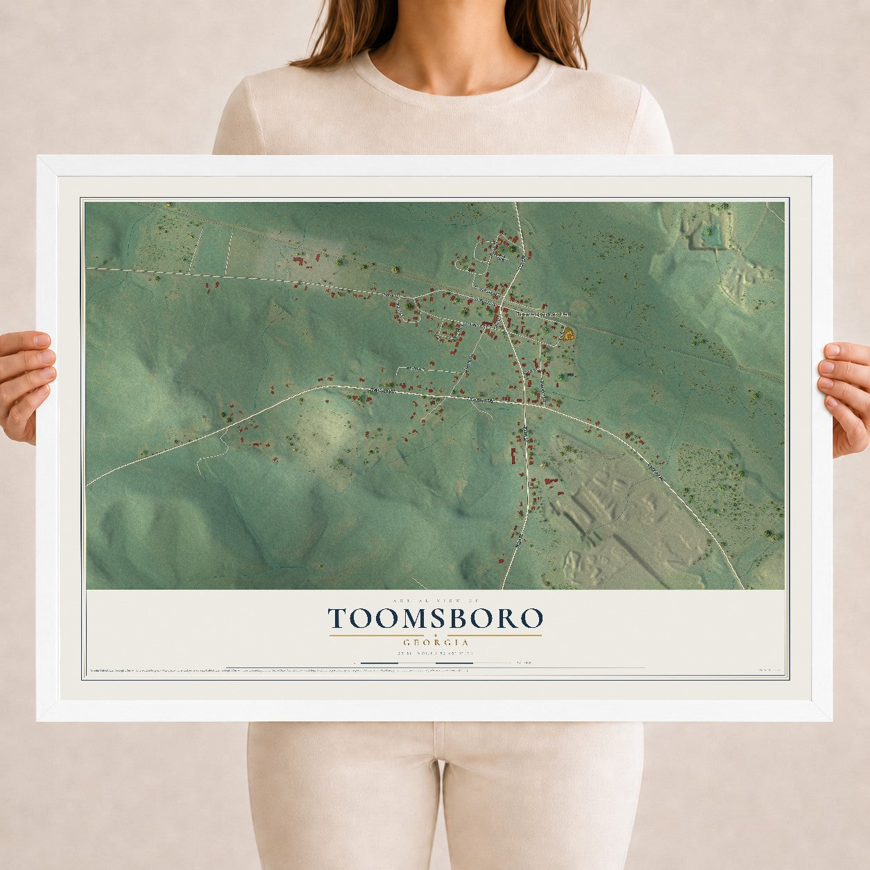 Toomsboro, Georgia map print, 18" x 24" W/ White Ayous Wood Frame mockup