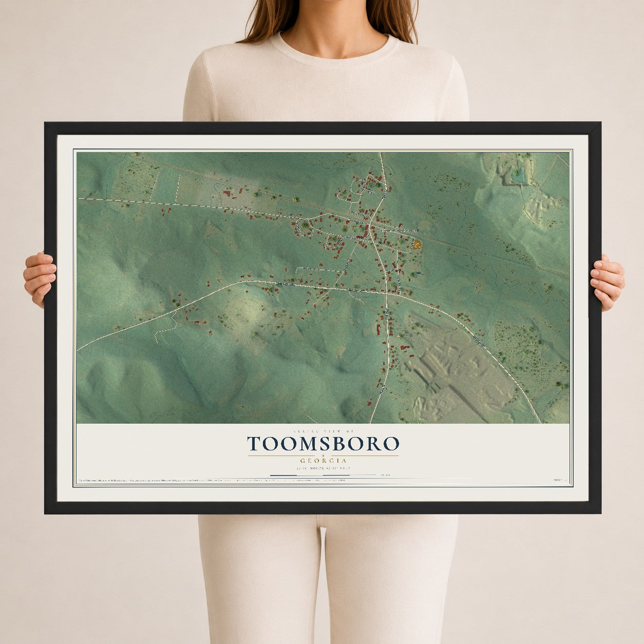 Toomsboro, Georgia map print, 24" x 36" W/ Black Ayous Wood Frame mockup