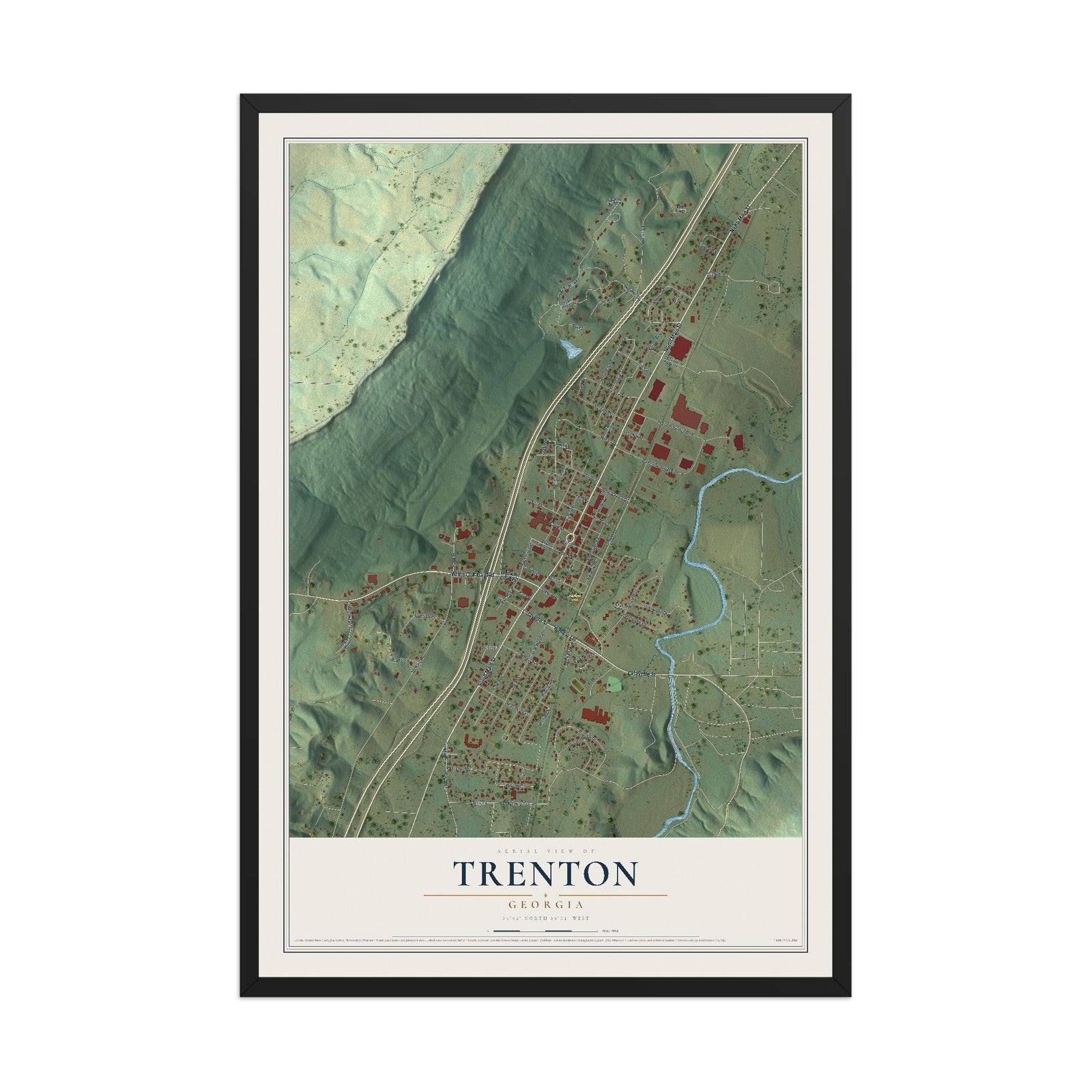Trenton, Georgia map print, 12" x 18" W/ Black Ayous Wood Frame mockup