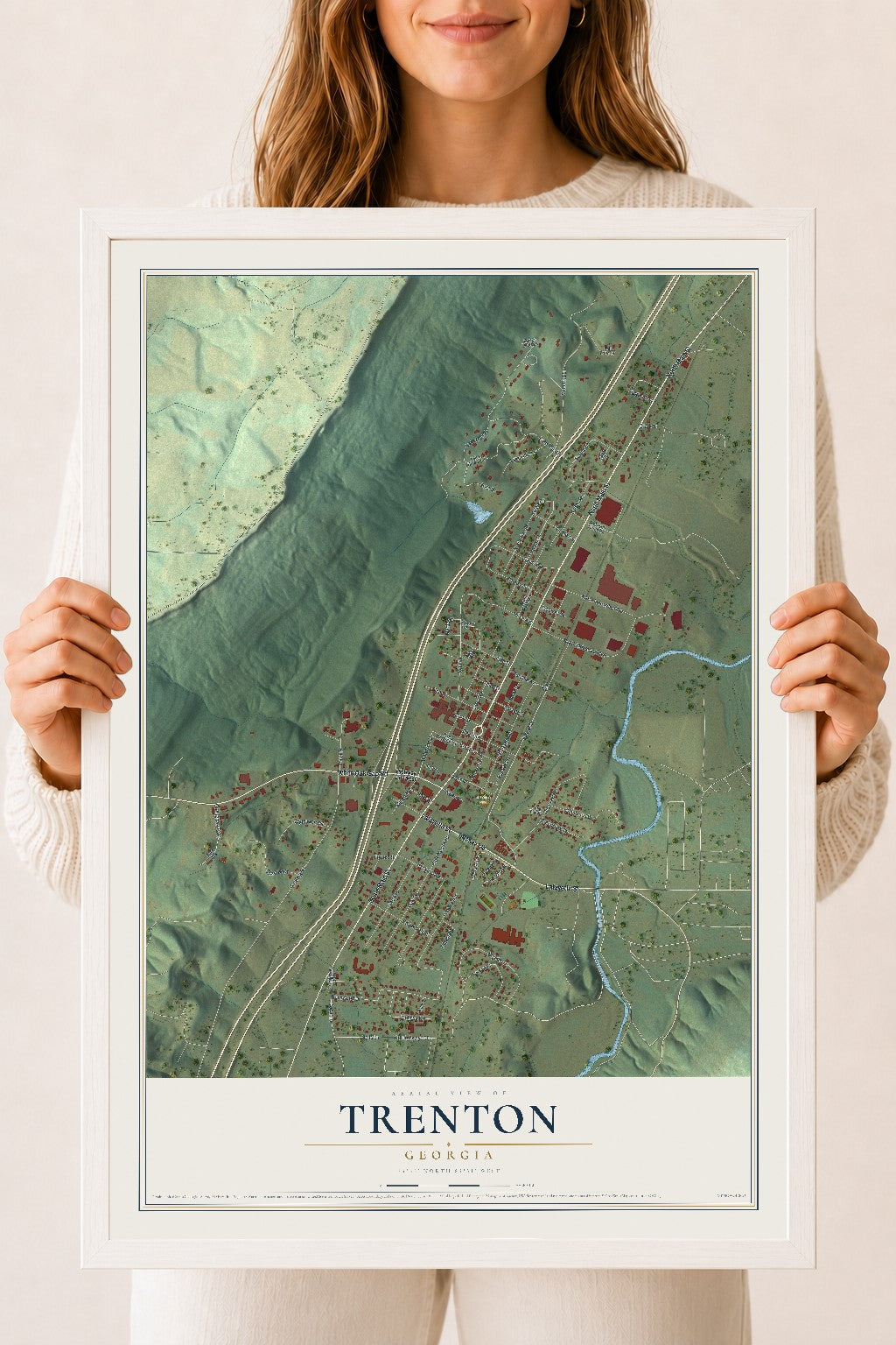 Trenton, Georgia map print, 18" x 24" W/ White Ayous Wood Frame mockup