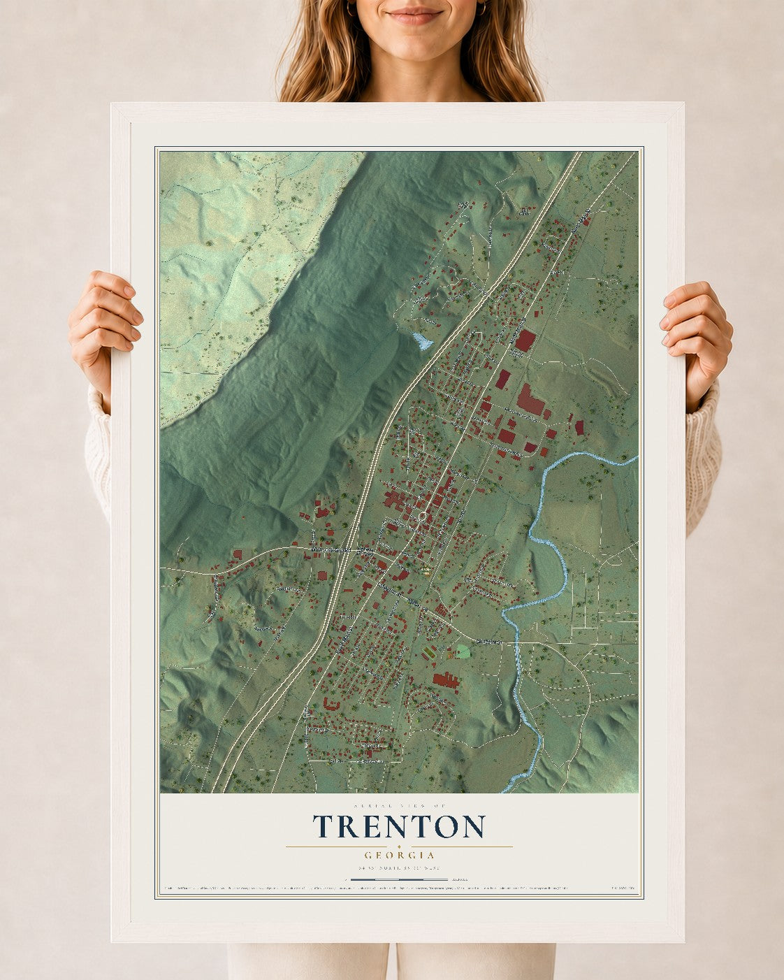Trenton, Georgia map print, 24" x 36" W/ White Ayous Wood Frame mockup