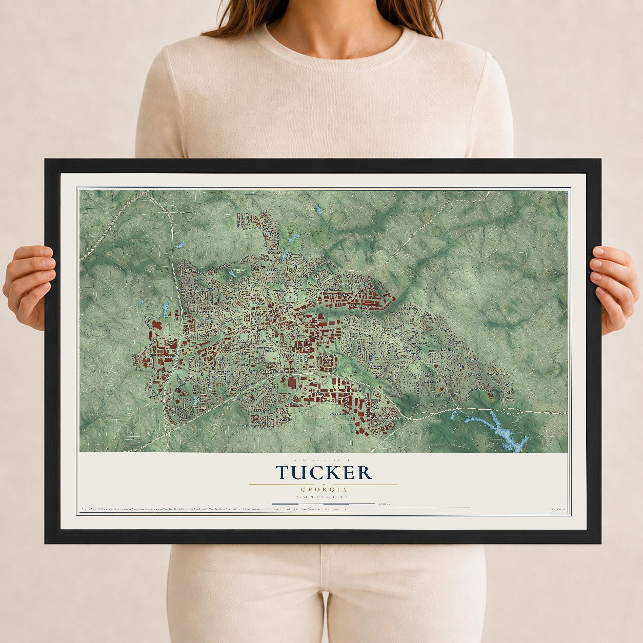Tucker, Georgia map print, 12" x 18" W/ Black Ayous Wood Frame mockup
