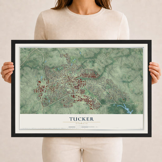 Map of Tucker, Georgia, 12 x 18 inch print in a black wood frame
