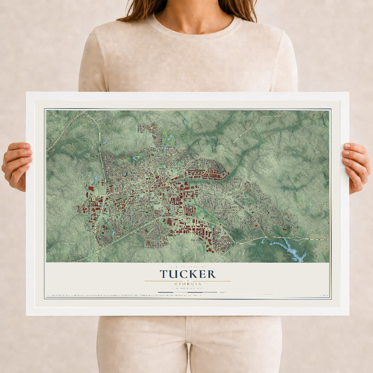 Tucker, Georgia map print, 12" x 18" W/ White Ayous Wood Frame mockup